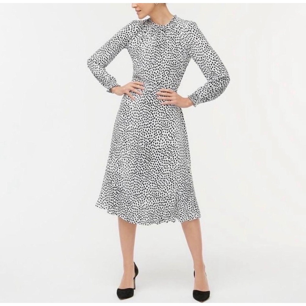 J.Crew Black & White Ruffle Neck Dotted Midi Dress Long Sleeve Size 8